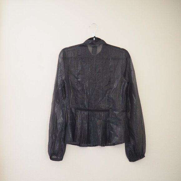 * Club Monaco Black Silk Long Sleeve Metallic Thread Sheer Pleated Detail Blouse - Picture 6 of 6